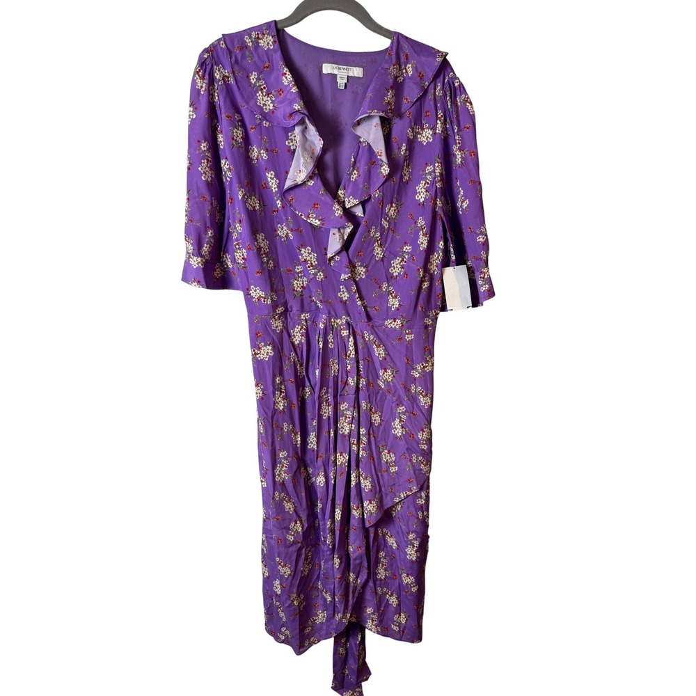 LK Bennett London Dr Ophelia Purple‎ Floral Silk Blend Midi Dress Ruffle Size 16